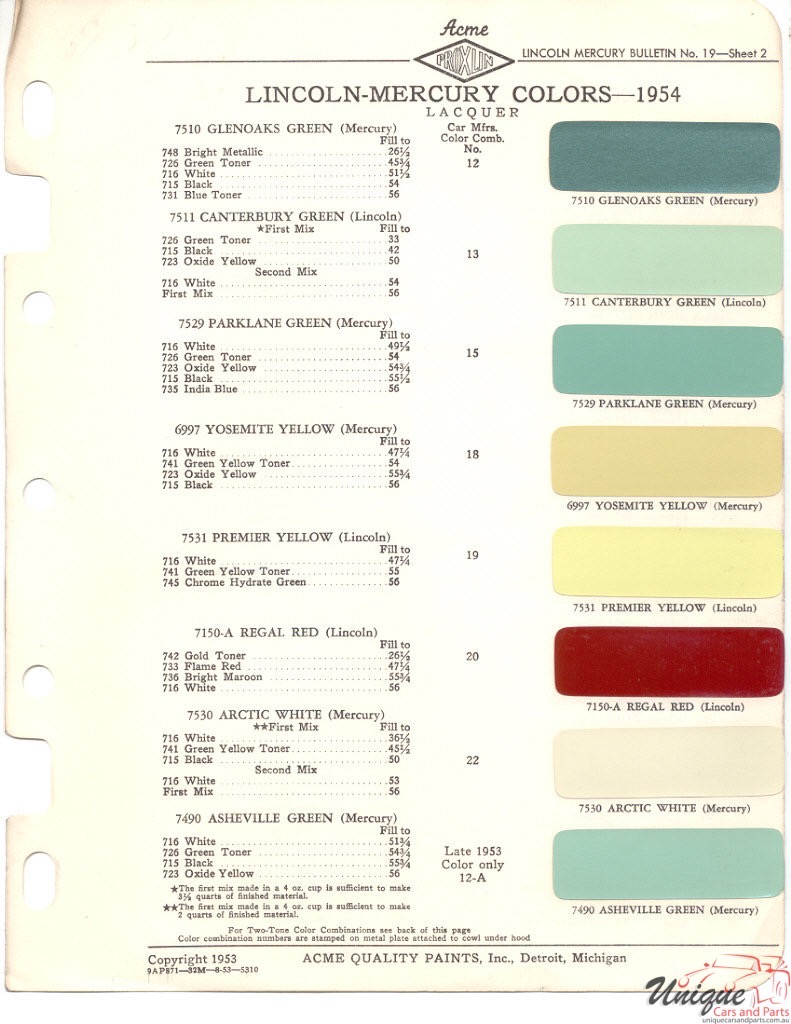 1954 Ford Paint Charts Lincoln And Mercury Paint Charts Acme 2